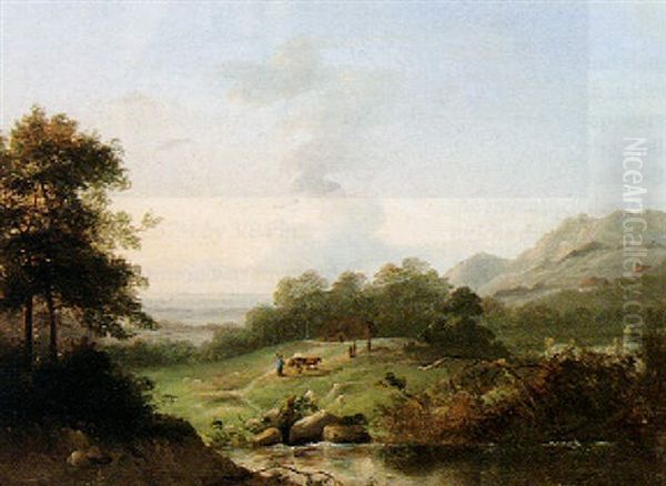 Wooded Landscape At Sunset, With Figures On A Path Heading Towards A House - view 1