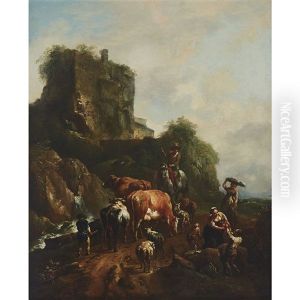 Italianate Landscape With Ruin, And A Gathering Of Herdsmen With Their Cattle, Sheep, Dogs And A Washerwoman At Right by Johann Christian Brand