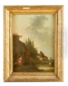 Shepherds Resting By The Water With Horse Rider In Landscape by Johann Christian Brand