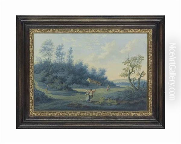 A Wooded Landscape With Figures On A Path, A Cottage Beyond - view 1