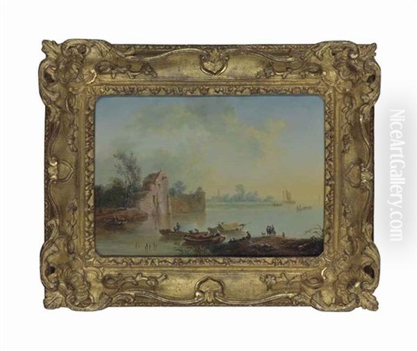 A Lake With Figures In Boats And On The Shore, Ruins And A Church Beyond - view 1