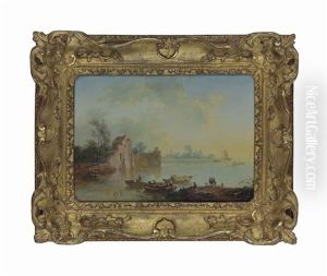 A Lake With Figures In Boats And On The Shore, Ruins And A Church Beyond by Johann Christian Brand