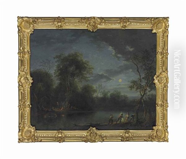 A Moonlit River Landscape With Fishermen Drawing In Their Nets And Figures At A Campfire - view 1