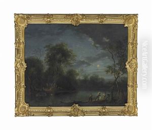 A Moonlit River Landscape With Fishermen Drawing In Their Nets And Figures At A Campfire by Johann Christian Brand