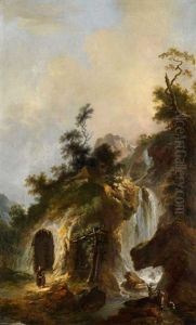 Gebirgswasserfall Mit Einem Eremiten Vor Der Klause