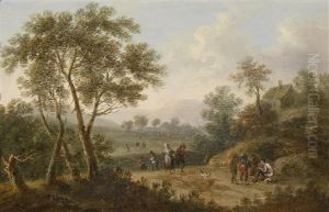 Baumbestandene Landschaft Mit Reisenden