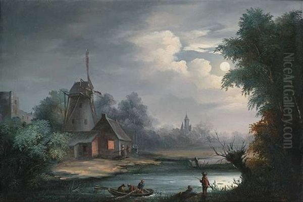 Abendliche Flusslandschaft Mit Windmuhle - view 1