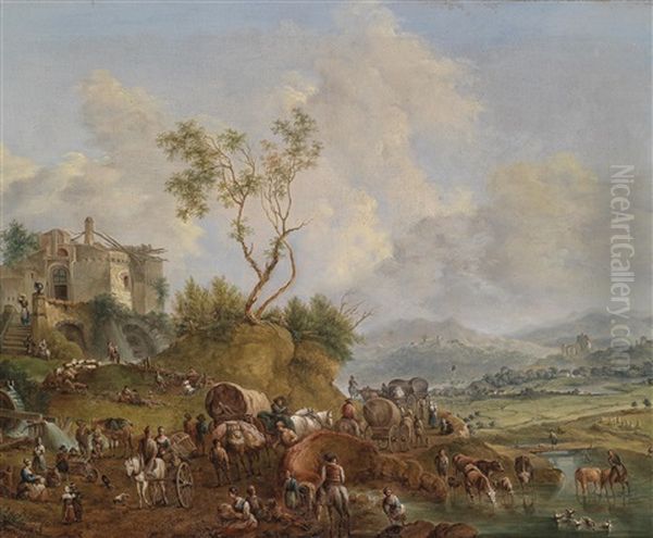 Flusslandschaft Mit Zahlreichen Figuren Und Pferdefuhrwerken - view 1