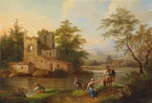 Flusslandschaft Mit Ruinen Und Figurlicher Staffage