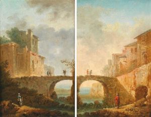 Flusslandschaft Mit Bogenbrucke, Hausern Und Figuren (+ Flusslandschaft Mit Bogenbrucke, Hausern Und Figuren; 2 Works) by Johann Christian Brand
