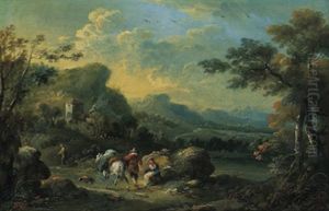 Gebirgige Flusslandschaft Mit Einem Maultiertreiber