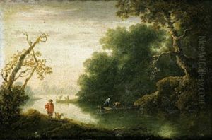 Bewaldete Flusslandschaft Mit Einem Angler Mit Hund by Johann Christian Brand
