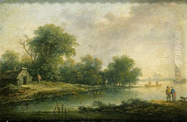 Bewaldete Flusslandschaft Mit Figuren Und Booten - view 1