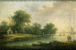Bewaldete Flusslandschaft Mit Figuren Und Booten by Johann Christian Brand