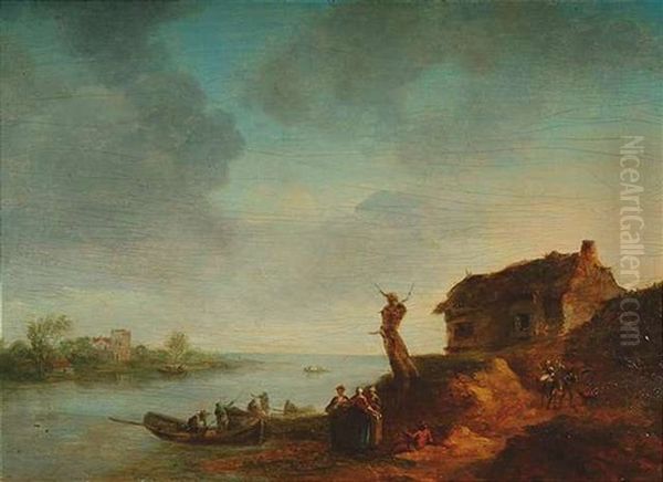 Weite Fluslandschaft Mit Anlegenden Fischerbooten Und Frauen - view 1