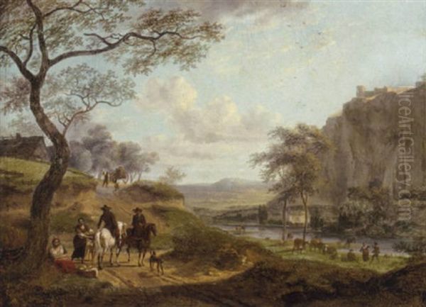 A Wooded River Landscape With Travellers On A Path - view 1