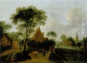 Bewaldete Landschaft Mit Einem Dorf Und Einem Hirten (der Morgen) by Johann Christian Brand