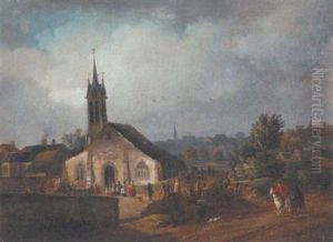 A Country Church Will Villagers And Horseman On A Nearby Track