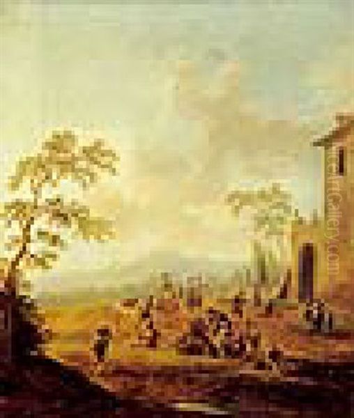 Bewaldete Landschaft Mit Vielen Figuren Vor Einem Gebaude - view 1