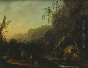 Flusslandschaft Mit Staffage Im Abendlicht by Johann Christian Brand