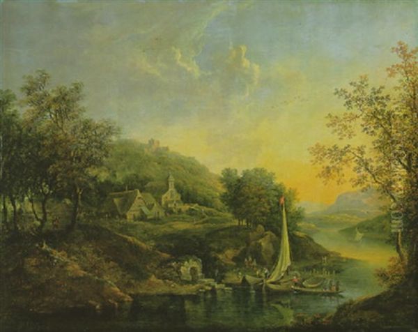 Fluslandschaft (donaulandschaft?) Mit Fischerbooten Am Ufer, Bauernhausern, Kirche Und Burgruine Am Uferhang - view 1