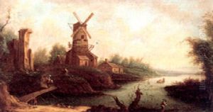 A Riverscape With A Windmill And Figures A Riverscape With A Windmill And Figures