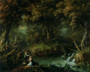 Bandits Attacking A Peasant Couple On A Wooded Track By A Stream