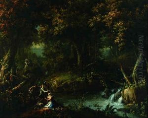 Bandits Attacking A Peasant Couple On A Wooded Track By A Stream