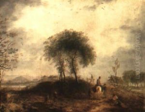 Wooded Landscape With Figures Outside A Village by Johann Christian Brand