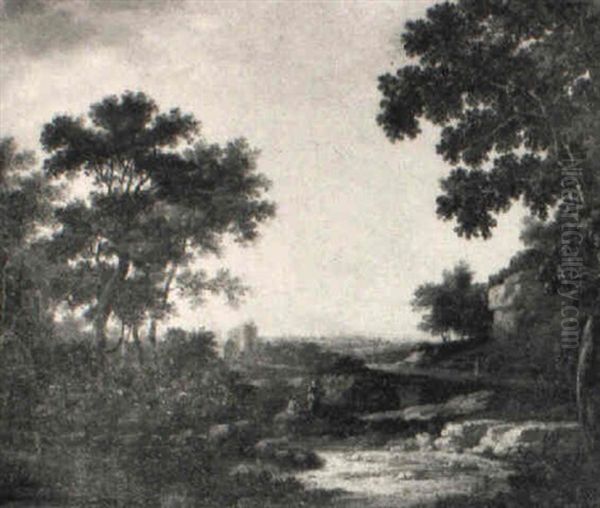 A Wooded Landscape With Two Travellers Resting On A Rock - view 1