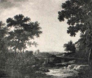 A Wooded Landscape With Two Travellers Resting On A Rock