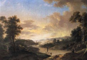 Weite Fluslandschaft Mit Figurenstaffage
