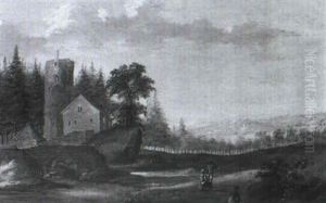 Berglandschaft Mit Einer Burgruine An Einem Bach Und Figuren