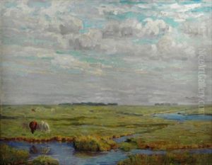 Sommerliche Auenlandschaft Mit Weidenden Kuhen Sommerliche Auenlandschaft Mit Weidenden Kuhen
