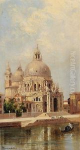 A Gondolier Before The Basilica Santa Maria Della Salute, Venice; Figures Beside The Columns Of The Piazzetta San Marco, Venice (pair)