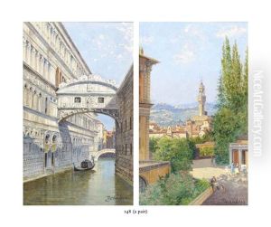 A Gondolier Under The Bridge Of Sighs, Venice (+ The Bobboli Gardens, Florence; Pair) by Antonietta Brandeis