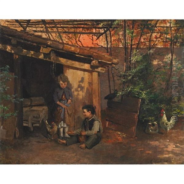 Children Feeding Chickens On The Farm - view 1