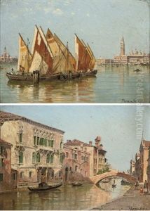 Trading Vessels Moored Before The Entrance To The Grand Canal (+ A Venetian Backwater; Pair) by Antonietta Brandeis