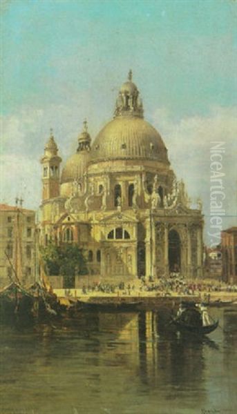 A View Of The Chiesa Santa Maria Della Salute With A Procession Entering The Church And A Gondola In The Foreground - view 1