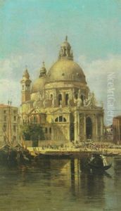 A View Of The Chiesa Santa Maria Della Salute With A Procession Entering The Church And A Gondola In The Foreground by Antonietta Brandeis