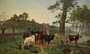 Landskap Med Boskap Vid Stenbro - Aftonstamning by Bengt-Johan-Gustaf Brandelius