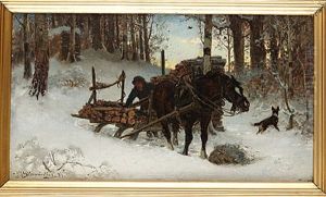 Vinterlandskap Med Timmerkorare Och Hund by Bengt-Johan-Gustaf Brandelius