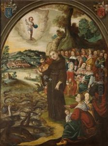 Der Heilige Franziskus Predigt Den Fischen, Mit Einer Stadtansicht Von Zug Im Hintergrund by Thomas Brandenberg