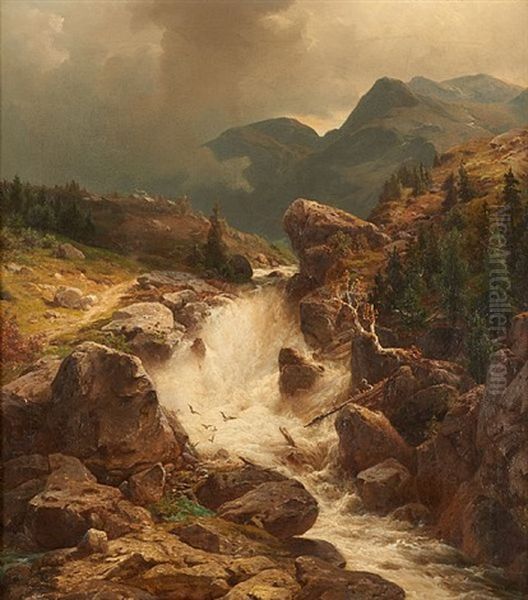 Cascade Sur Fond De Paysage Montagneux - view 1