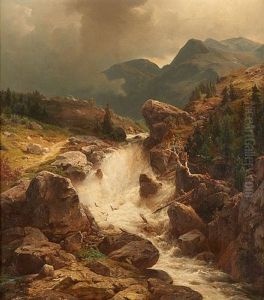 Cascade Sur Fond De Paysage Montagneux by Wilhelm Brandenburg