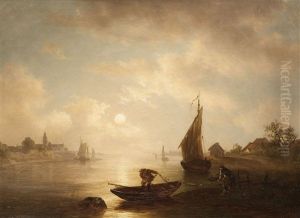 A River Landscape By Moonlight
