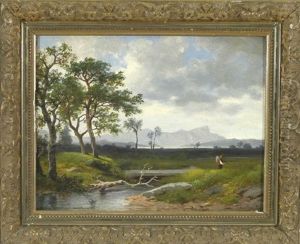 Flusslandschaft Am Chiemsee Mit Wanderer Vorne Links