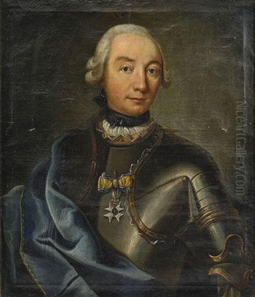 Portratt Av Officer Ikladd Harnesk, Bla Mantel Och Svardsorden (+ Portratt Av Dennes Maka Ikladd Vit Broderad Klanning Och Bla Mantel; Pair) - view 1