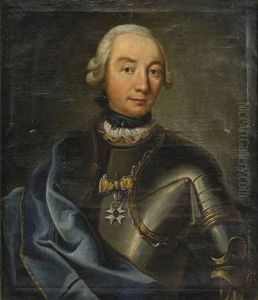 Portratt Av Officer Ikladd Harnesk, Bla Mantel Och Svardsorden (+ Portratt Av Dennes Maka Ikladd Vit Broderad Klanning Och Bla Mantel; Pair) by Fredrik Brander