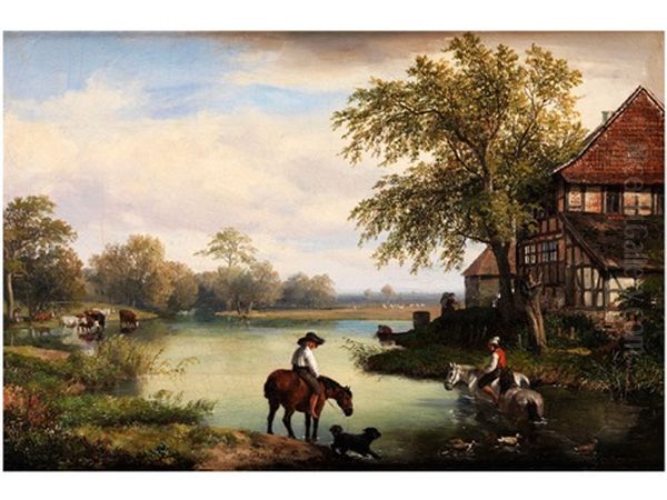Landschaft Mit Pferden An Der Tranke - view 1